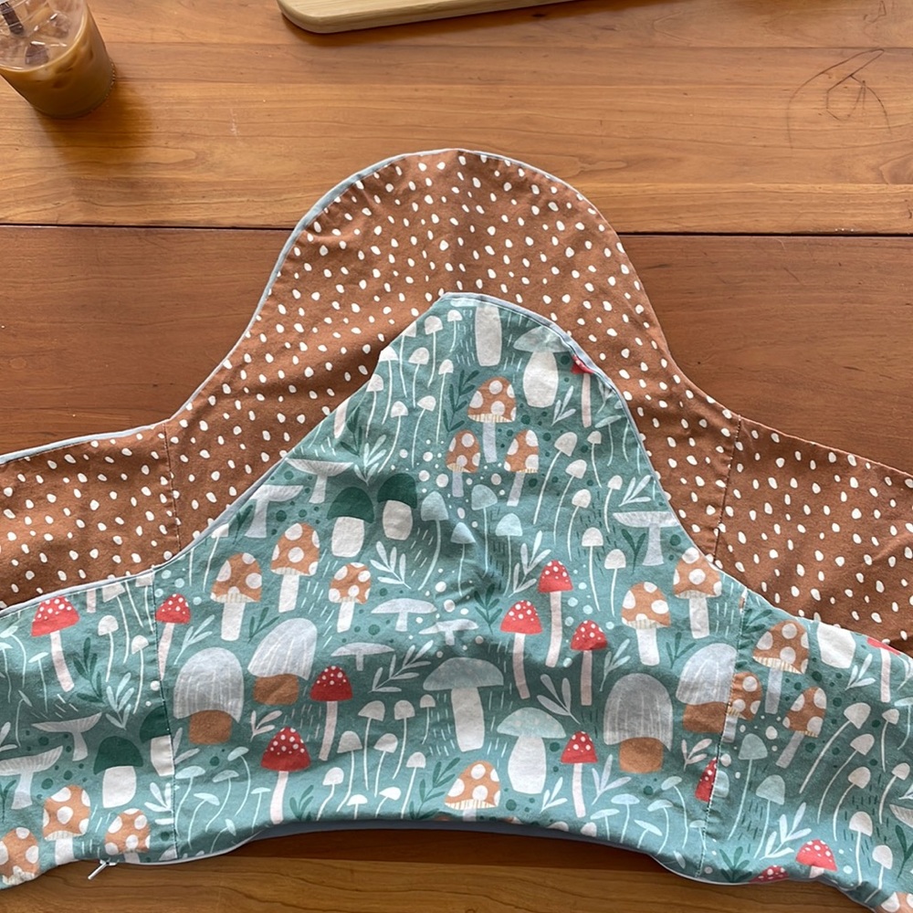 2 Yeah baby goods cushion covers mushroom meadow and cream beans on orange rust
